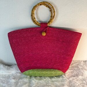 Straw Tote Bag with Bamboo Handles - Pink & Green